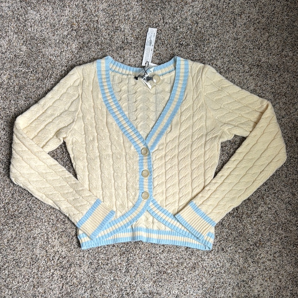 Central Park West Cream and Blue Cardigan with V-Neck and Textured Knit